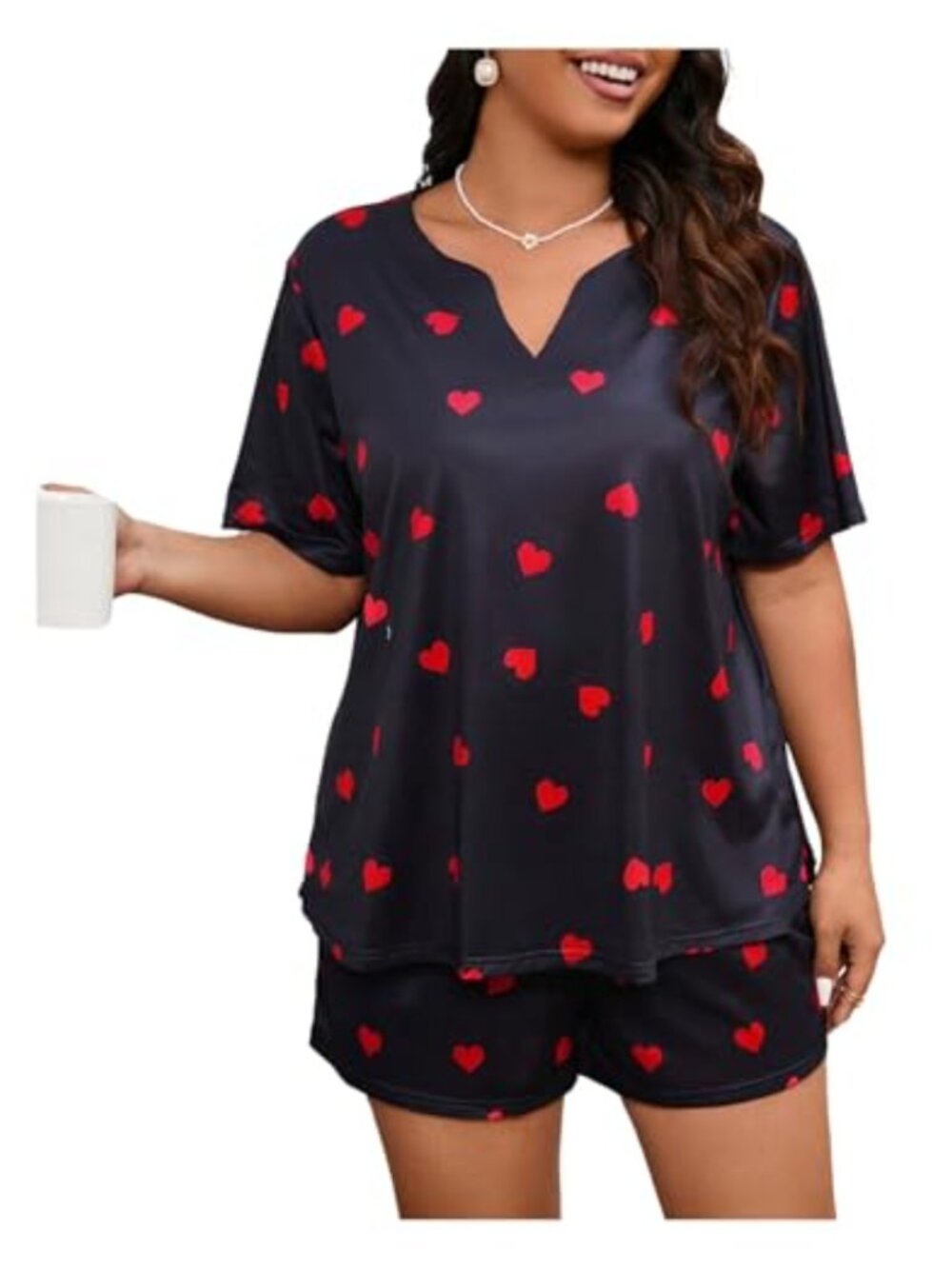WDIRARA Women's Plus Size 2 Piece Heart Print Pajama Set Short Sleeve Notch